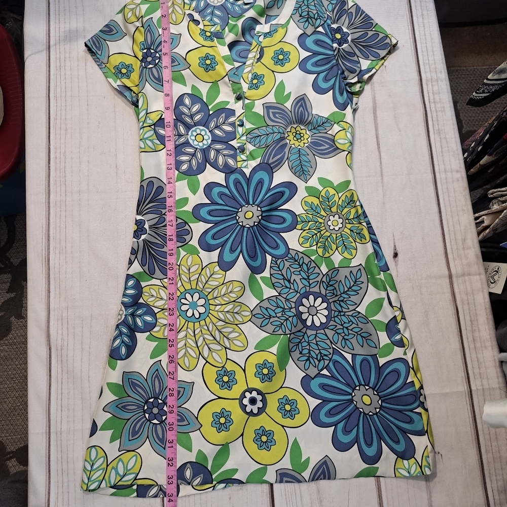 Boden Blue Green Yellow Silk Floral Vneck Mini Sundress Dress Women's Size 4 - Picture 9 of 10